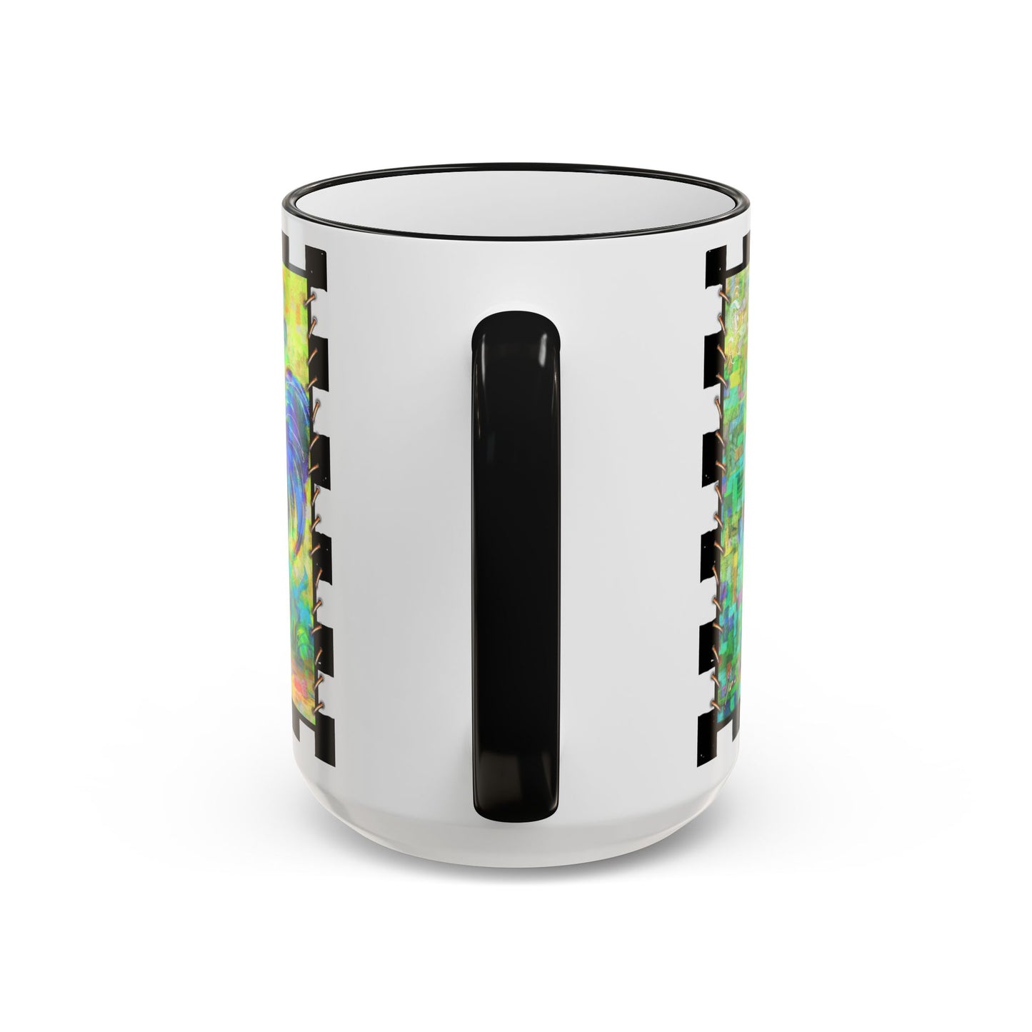 Checkerboard Chickens Accent Mug — Pedro & Fan Fair, Colorful Abstract Rooster Design (11oz, 15oz) by artist Marie Frederique