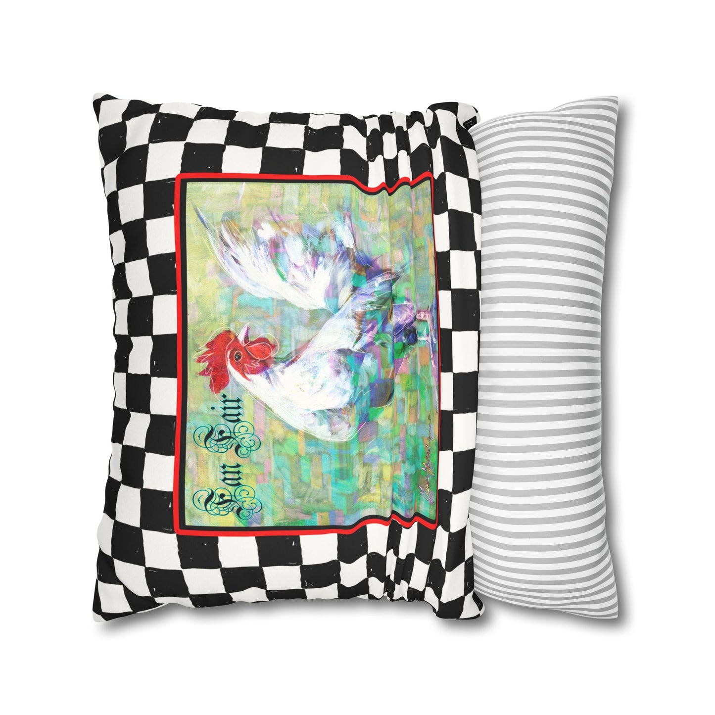 White Rooster Checkered Faux Suede Pillowcase - "Fan Fair" Farmhouse Accent Pillow Cover by artist Marie Frederique