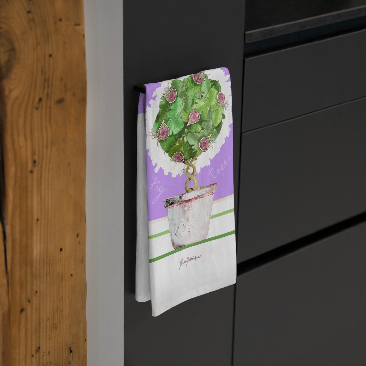 Potted Fig Topiary Kitchen/Tea Towel (Purple Background) by artist Marie Frederique