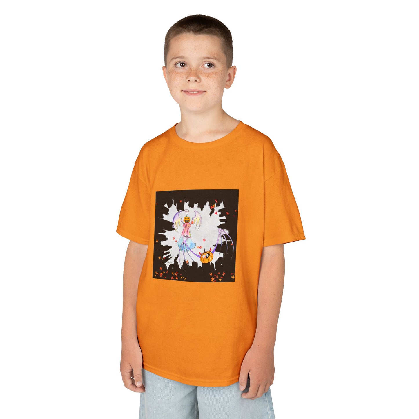 Halloween Angel and Pumpkin Heart Bat - Kids Heavy Cotton™ Tee by artist Marie Frederique