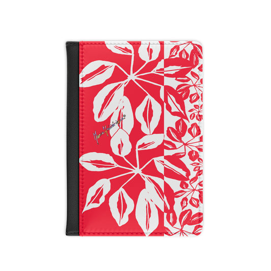 Passport Cover, Tropical leaves Red and White by artist Marie Frederique