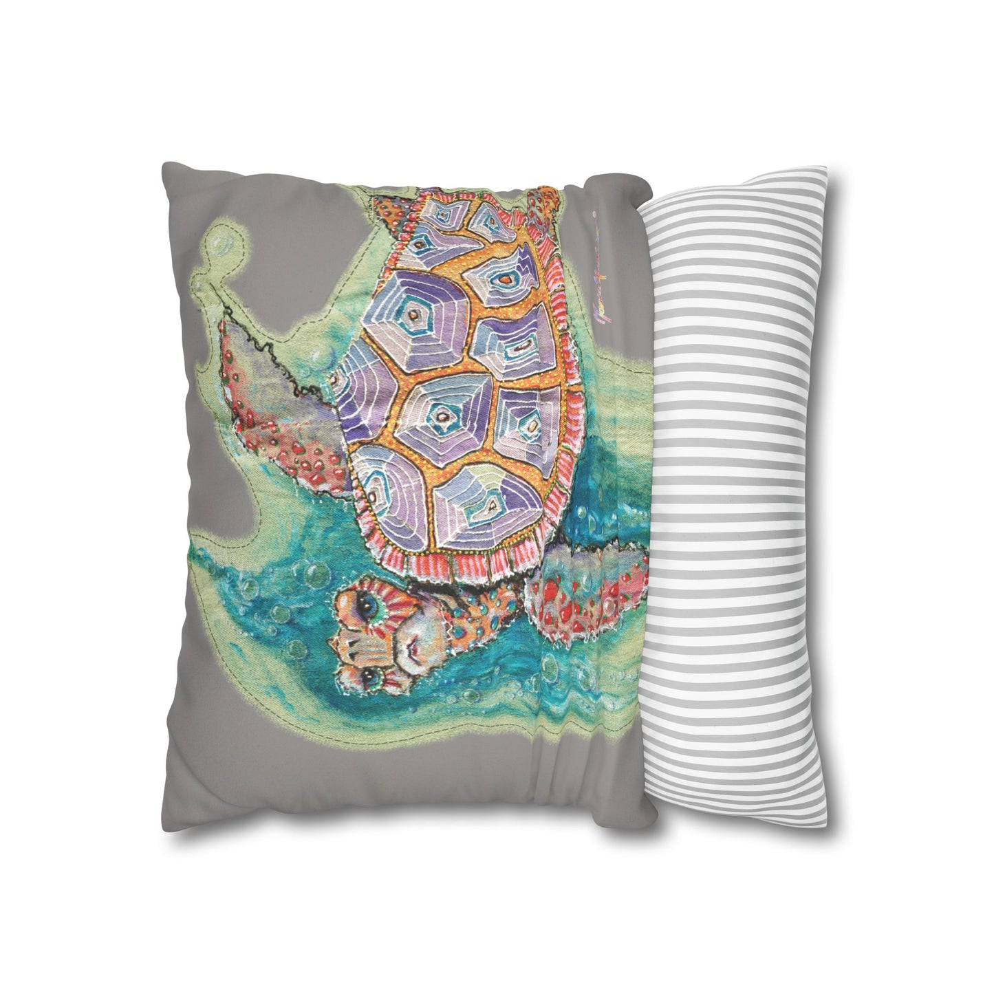 Sea Turtle Faux Suede Pillowcase — Colorful Coastal Throw Pillow Cover by artist Marie Frederique