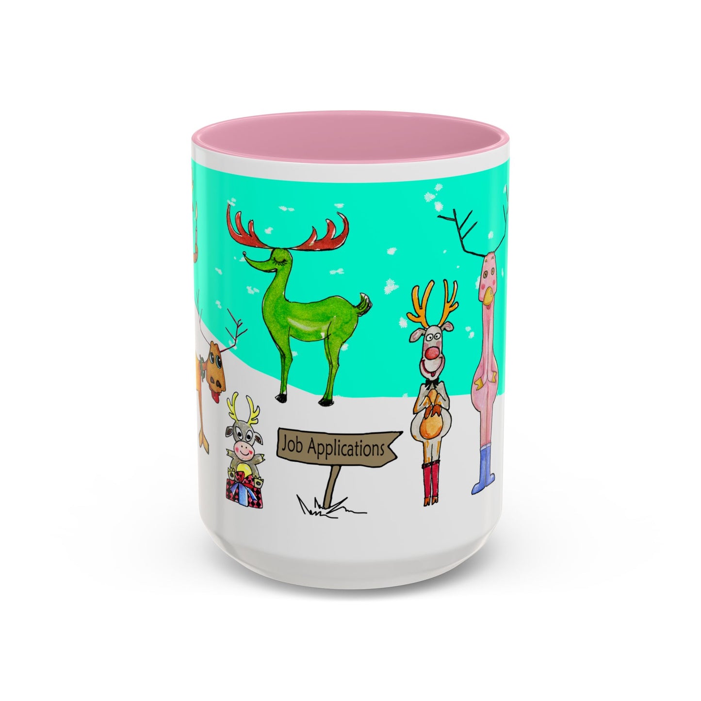 Santa's Job application line up, Christmas Mug, by artist Marie Frederique