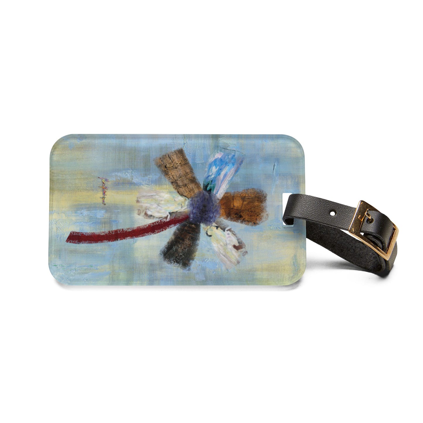 Luggage Tag with leather strap, Abstract floral on a blue background by artist Marie Frederique