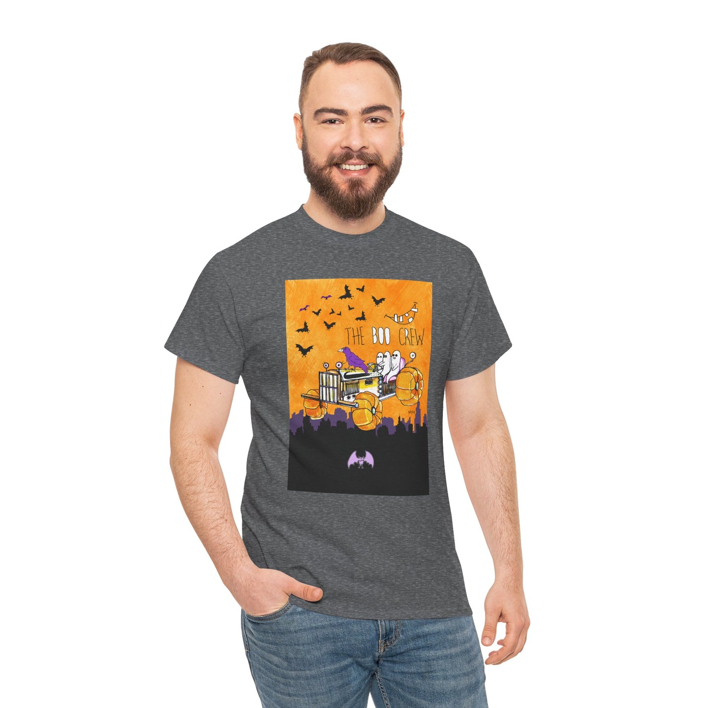 Halloween Tractor, meet the BOO Crew, Unisex Heavy Cotton Tee by artist Marie Frederique