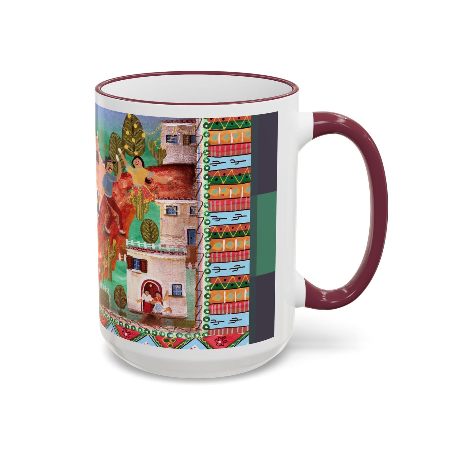 Colorful Folk Art Rim-Handle Mug — Vibrant Village Scene (11oz, 15oz) by artist Marie Frederique
