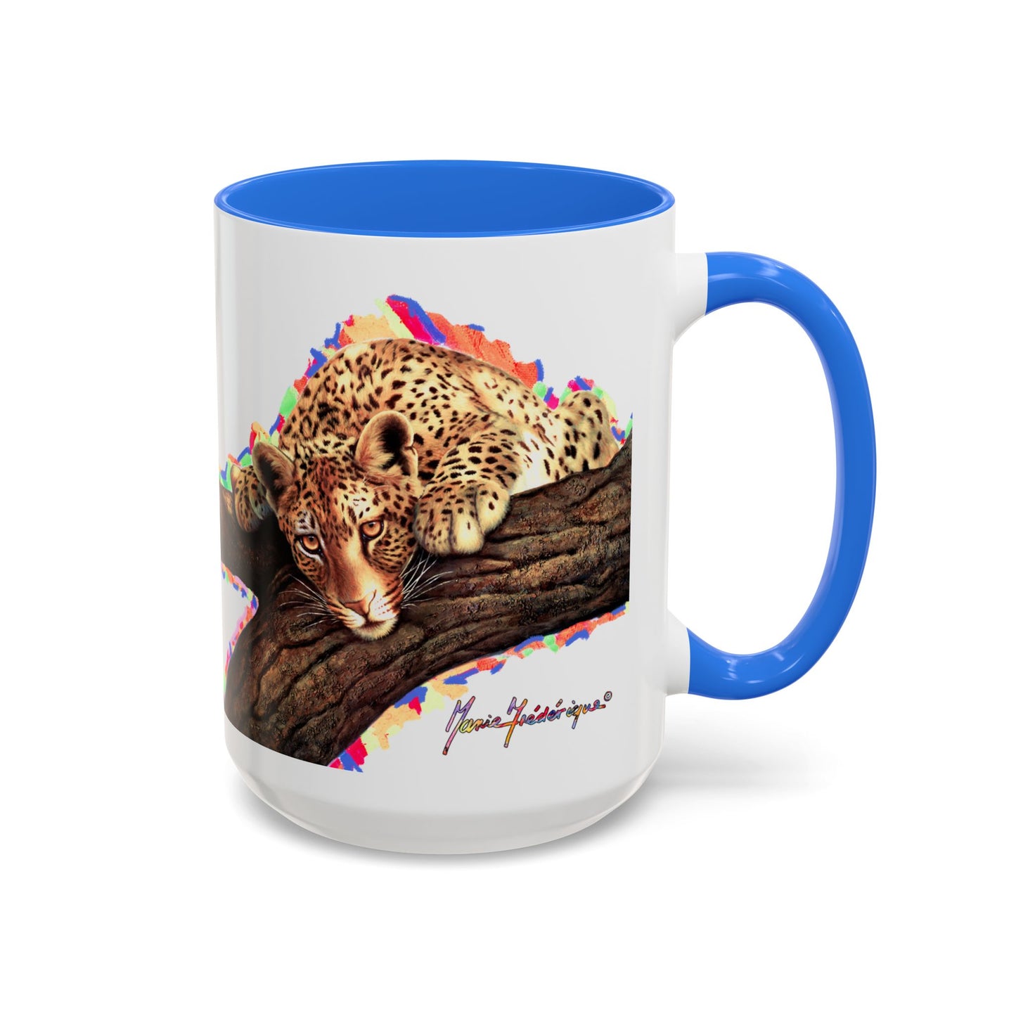 Leopard in a tree, "Remember, you're always being watched!" Mug by Artist Marie Frederique
