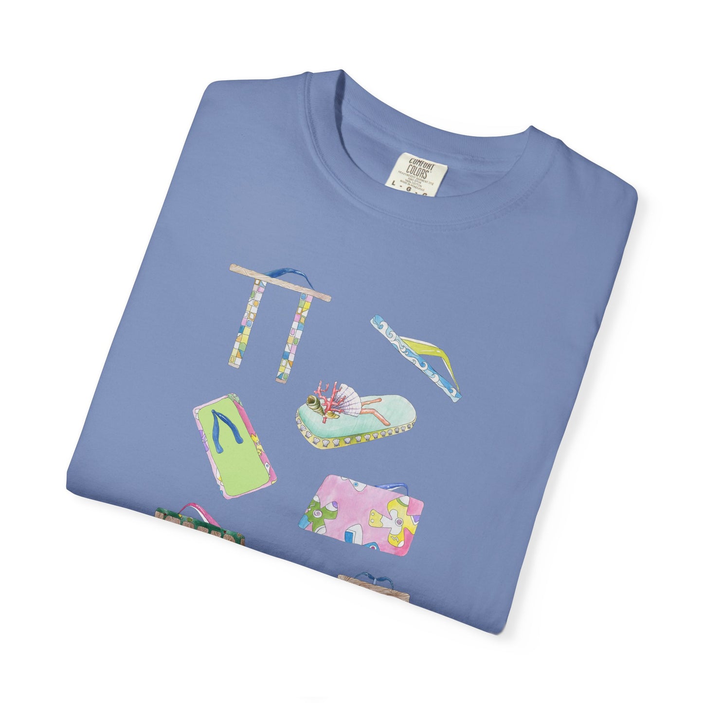 Summer Vacation Icons T-Shirt — Tropical Flip-Flops Tee by artist Marie Frederiquw