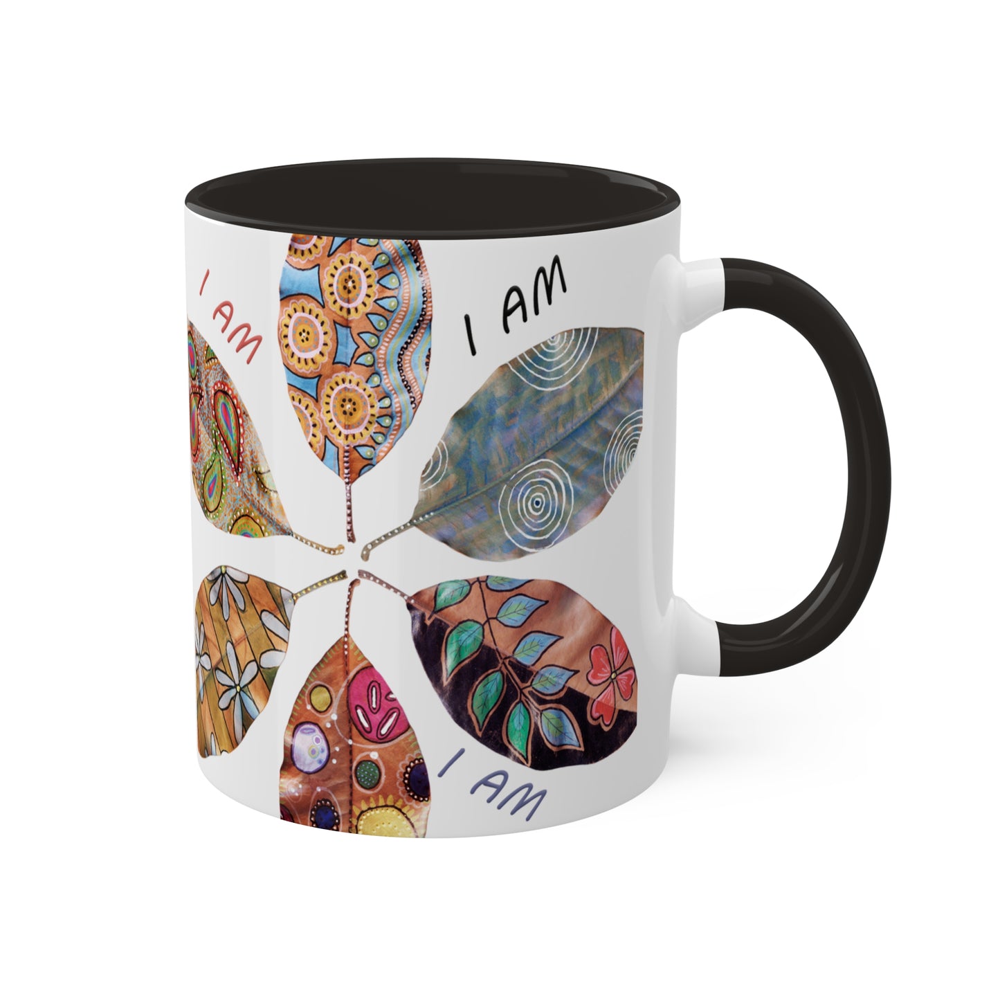 I AM collection with painted leaves - Colorful Mug in 5 colors, Red, Bblack, Yellow, Light Green and Cambridge Blue 11oz By Artist Marie Frederique