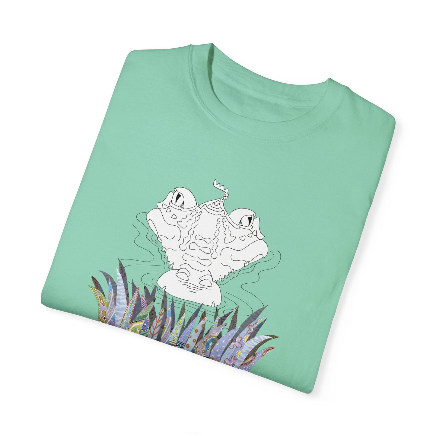 Gator Trip, Reptilian lovers - whimsical drawing in Black & White with painted foliage - Unisex Garment-Dyed T-shirt by artist Marie Frederique