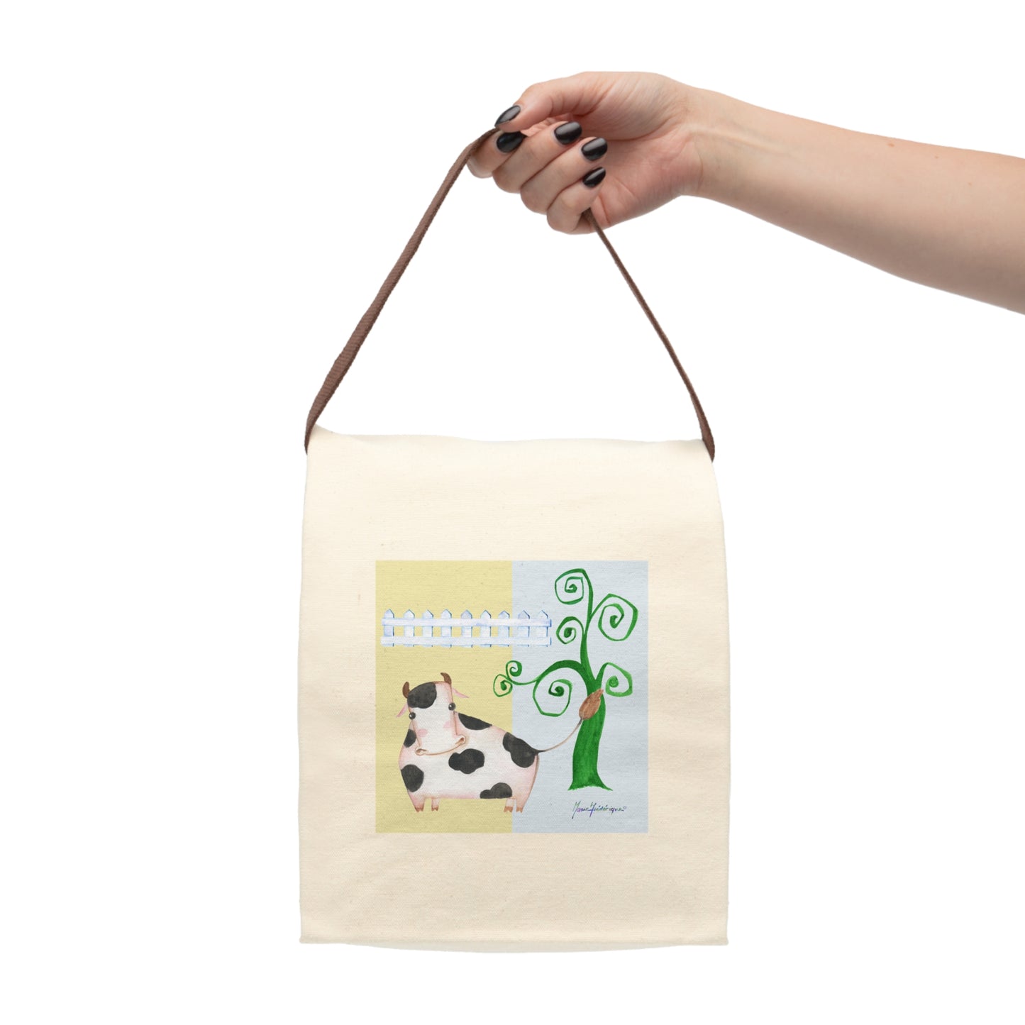 Cow in a field - Canvas Lunch Bag With Strap by Artist Marie Frederique