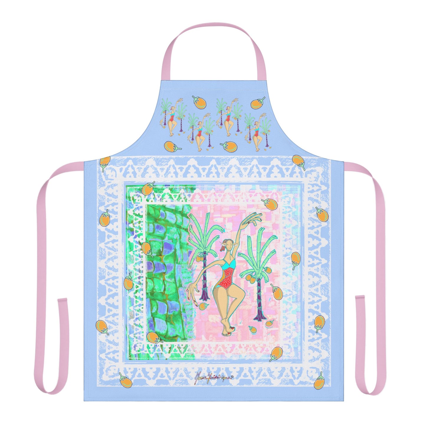 Tropical Palm dancer Pattern Apron — Colorful Retro Cook & BBQ Apron by artist Marie Frederique