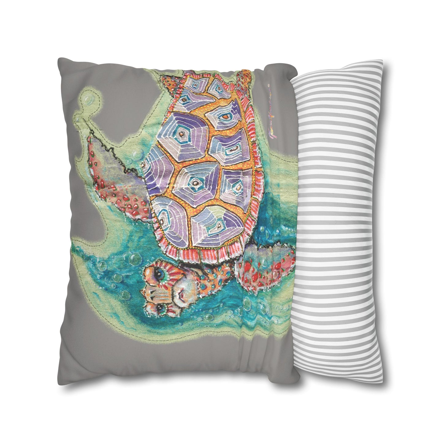 Sea Turtle Faux Suede Pillowcase — Colorful Coastal Throw Pillow Cover by artist Marie Frederique