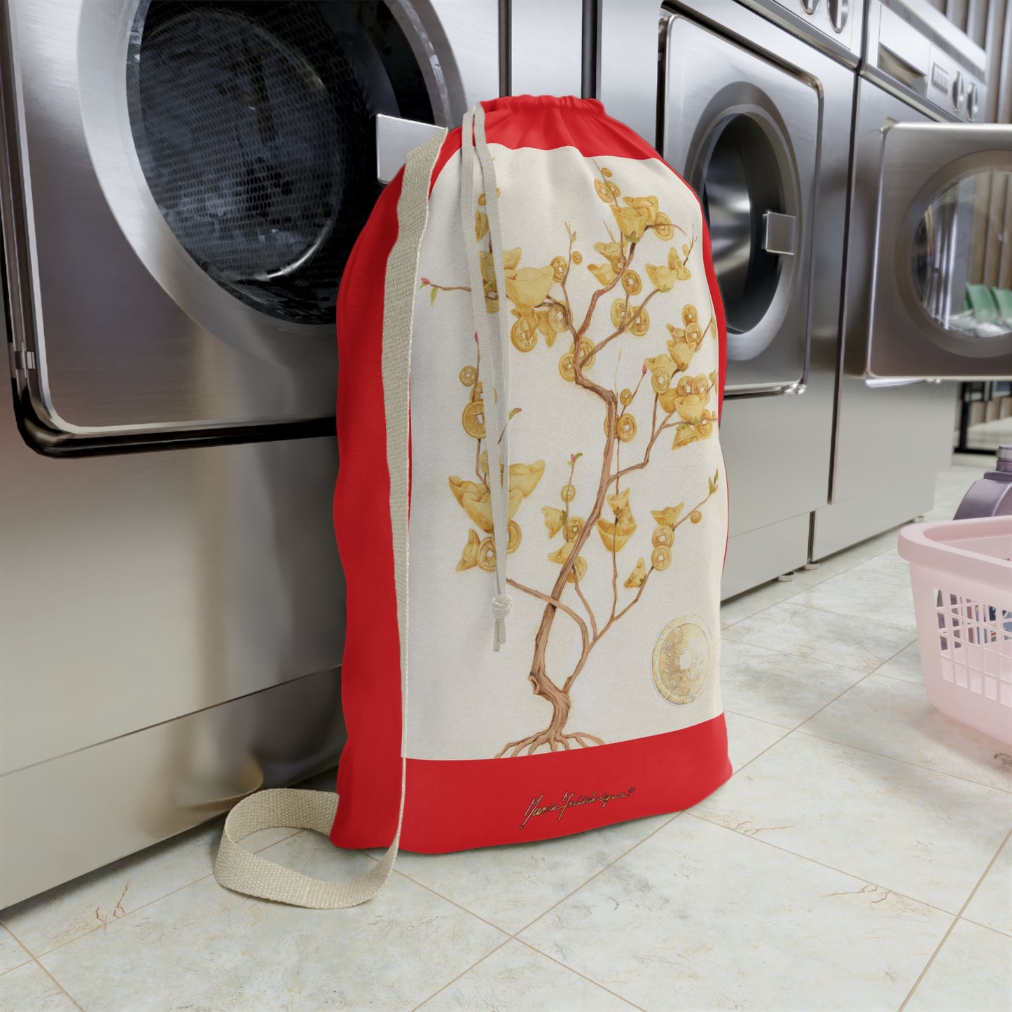 Floral Golden Money Tree Laundry Bag — Drawstring Laundry Sack by artist Marie Frederique