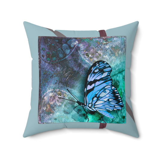 Blue Butterfly Faux Suede Square Pillow by artist Marie Frederique