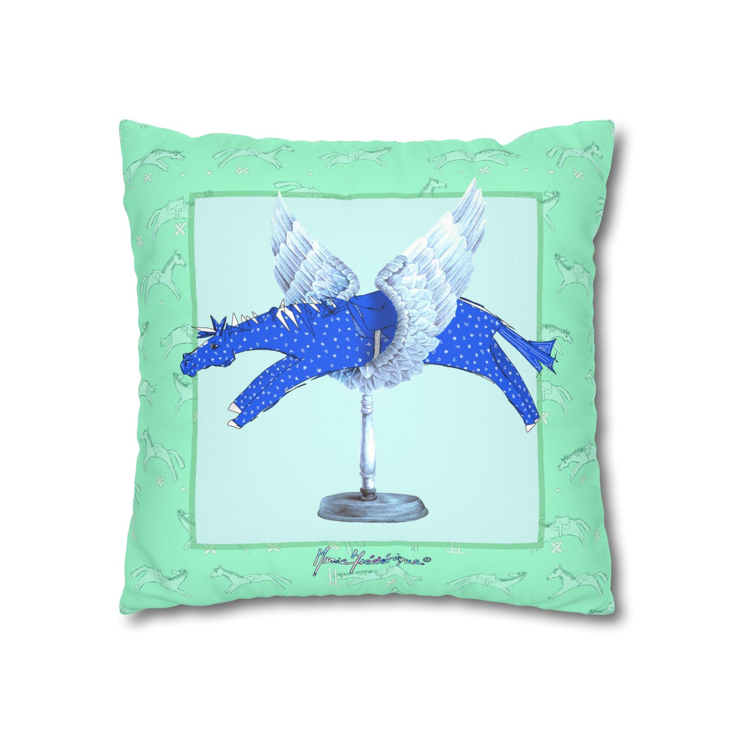 Winged Blue Horse Faux Suede Pillowcase — Decorative Square Throw Pillow Cover by artist Marie Frederique