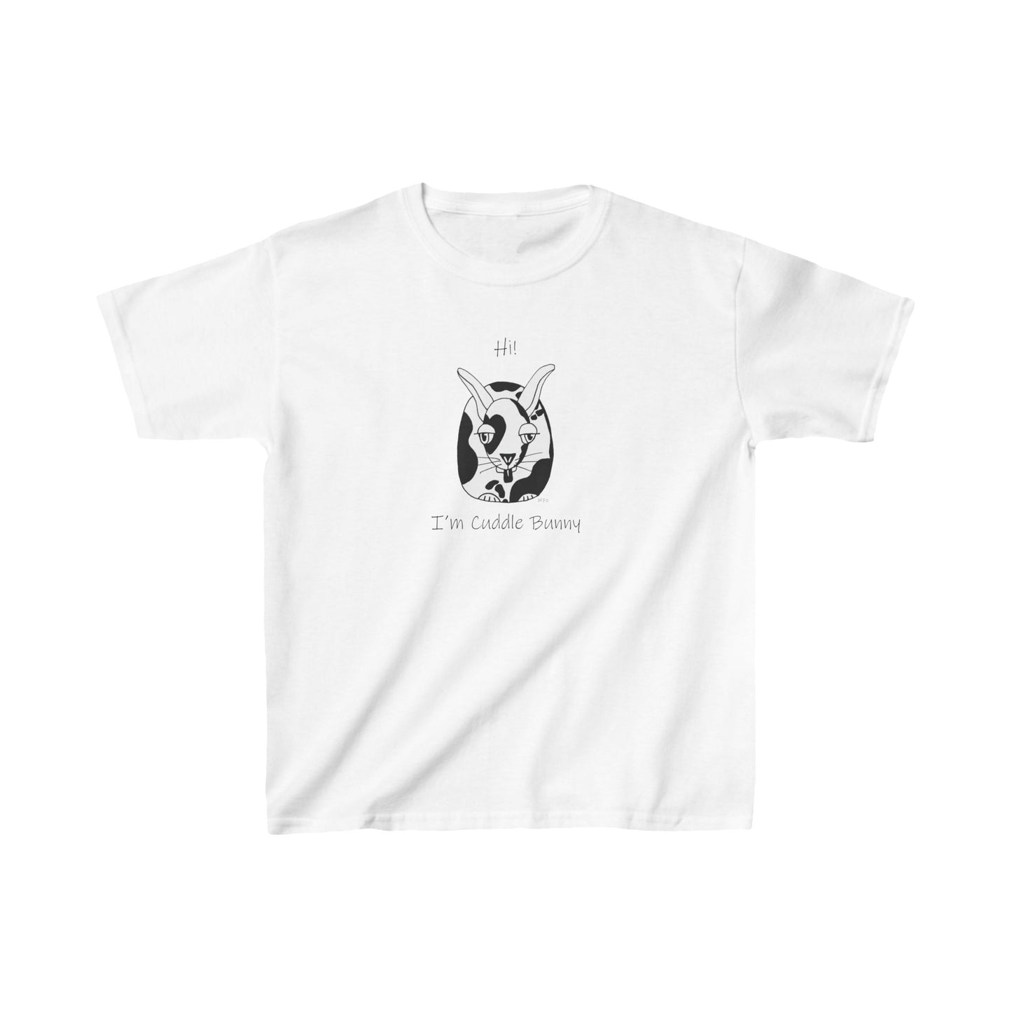 Bunny Lovers - Hi! I'm Cuddle Bunny, whimsical Black & White drawing of a crouched bunny, Kids Heavy Cotton™ Tee by artist Marie Frederique