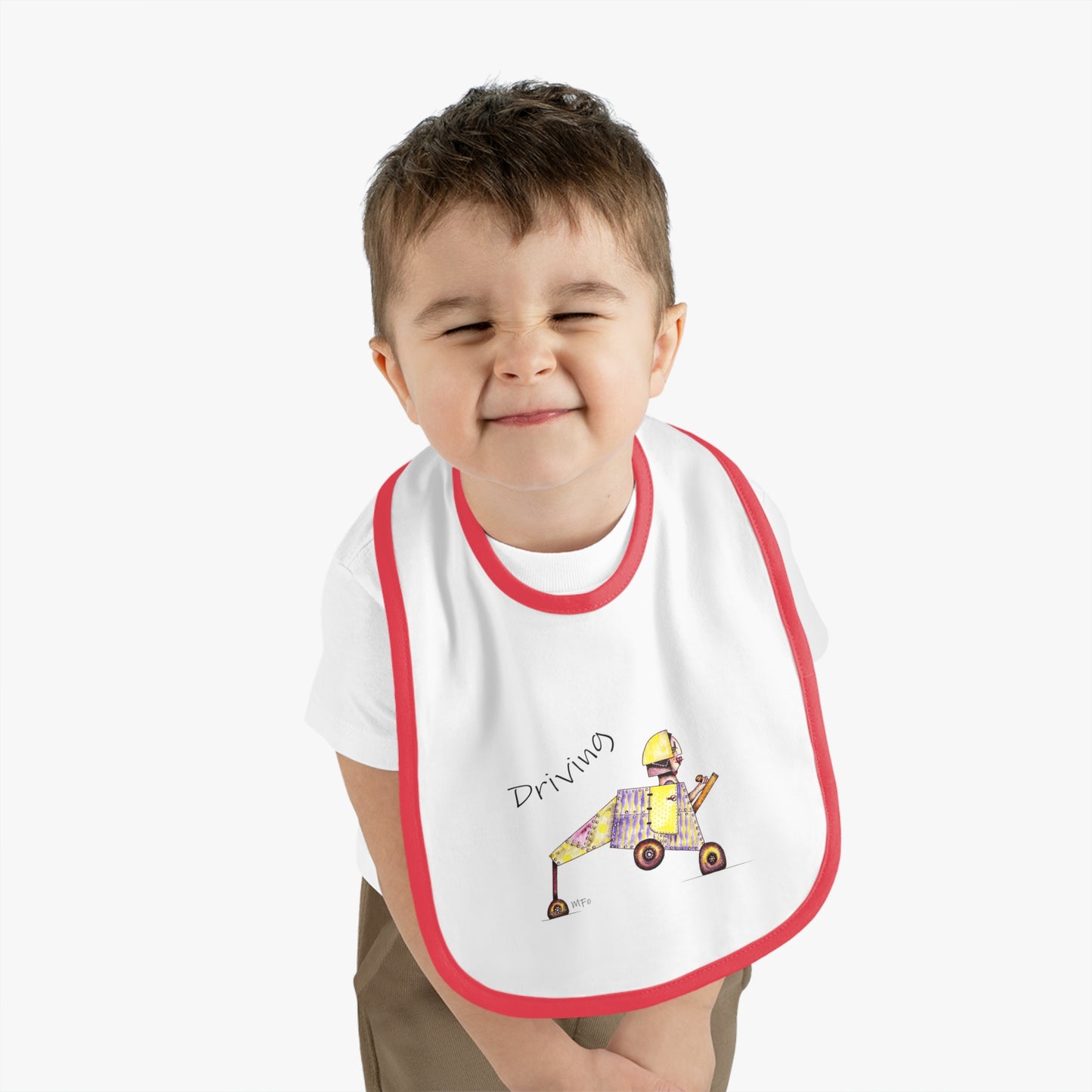 Driving - Super Cute Whimsical Designer Baby Contrast Trim Jersey Bib by artist Marie Frederique