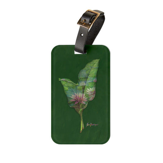 Luggage Tag with leather strap, Pink Lotus flower on a green background by artist Marie Frederique