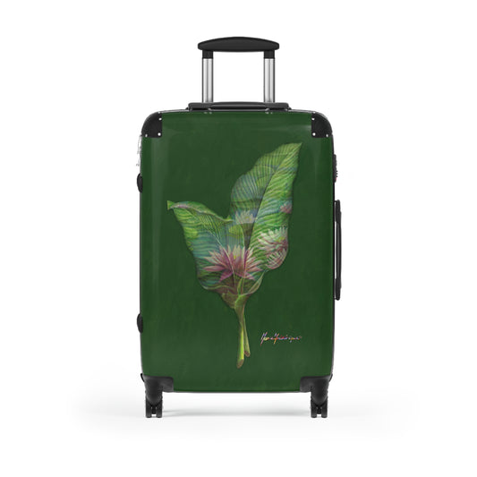 Pink Lotus flower Suitcase in green Suitcase size medium or large by Artist Marie Frederique