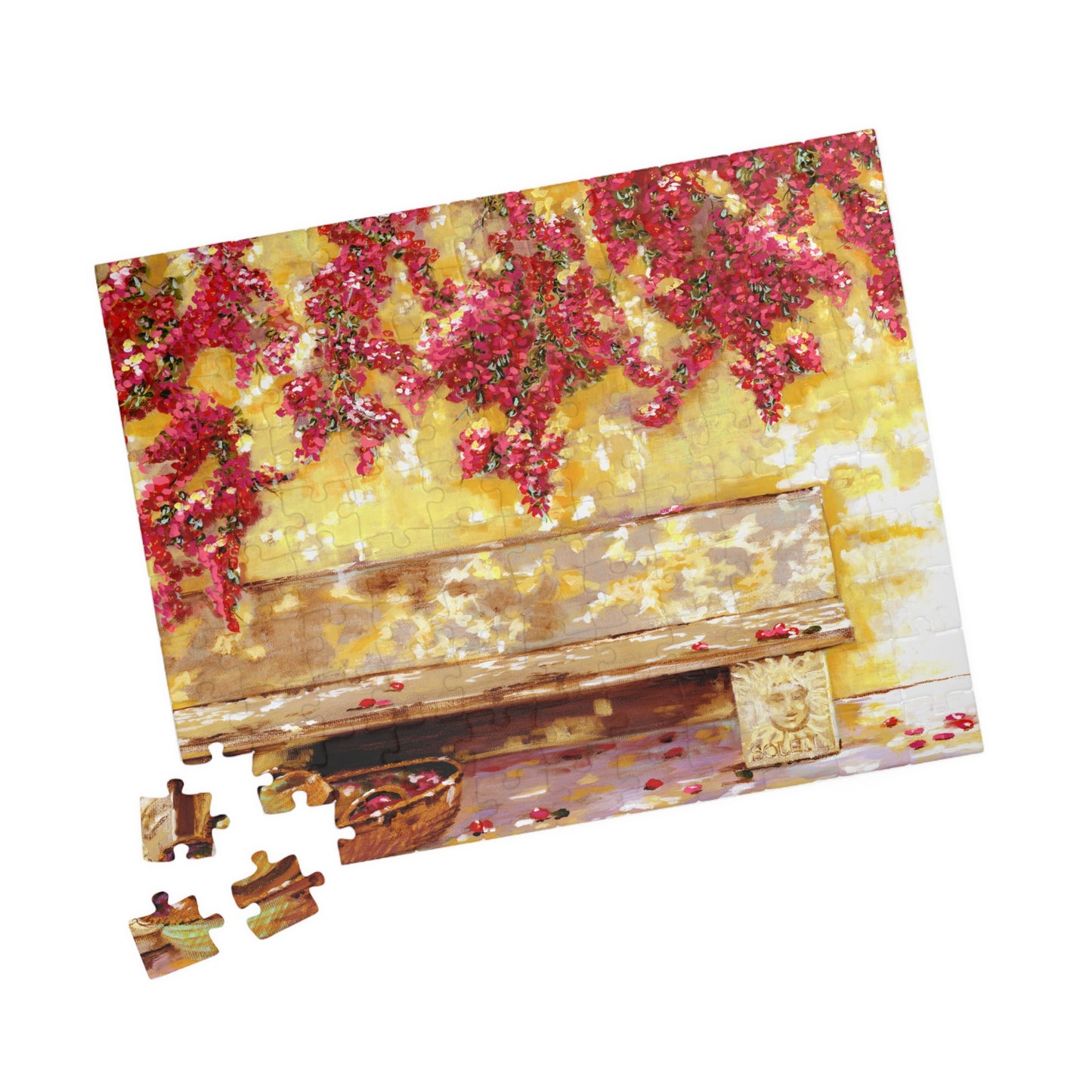 My Happy place - Bougainvillea Pink flowers and a stone bench, Jigsaw Puzzle by Artist Marie Frederique - Puzzle 1014-piece