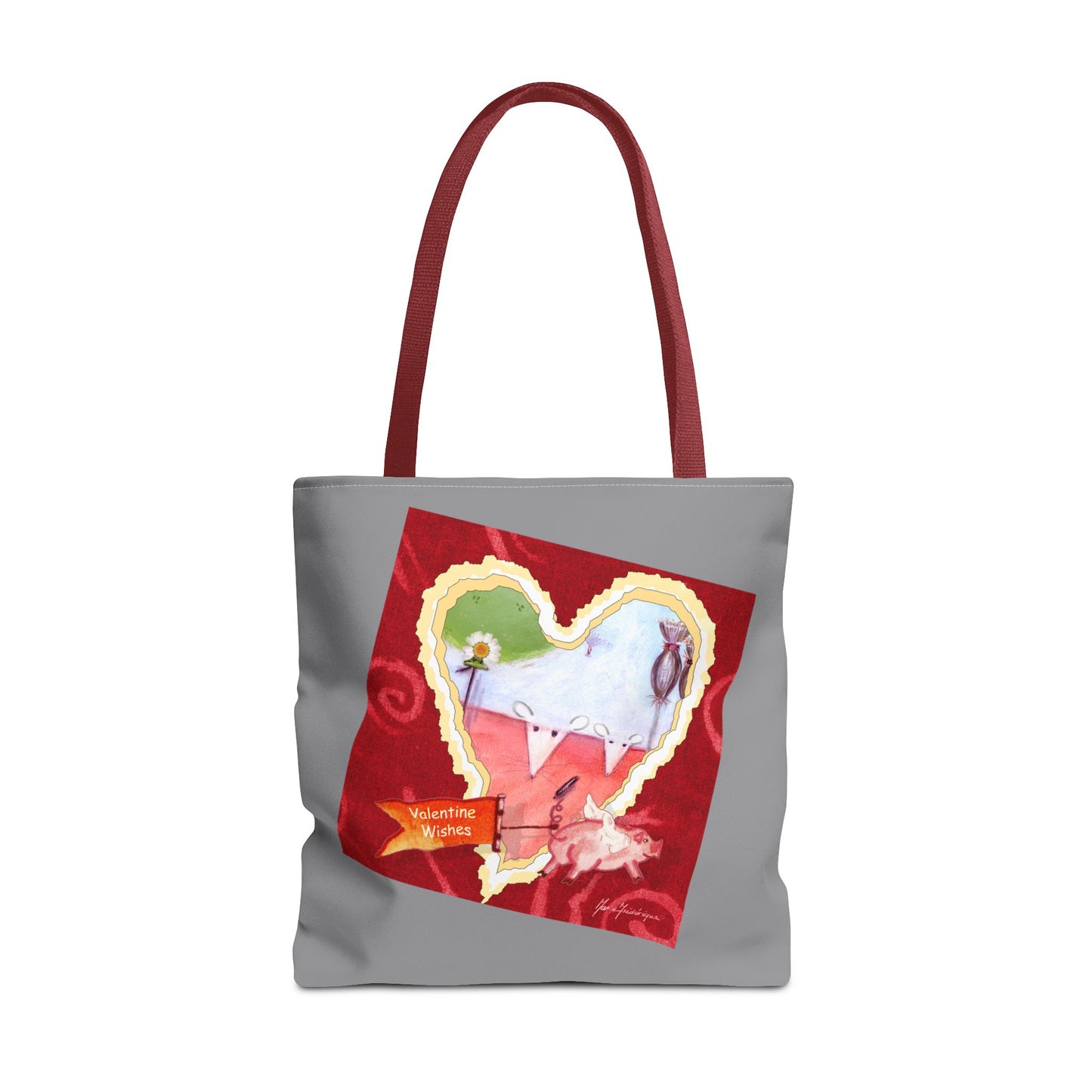 Valentine Tote Bag, Love is in the air - grey and red (2 different images on one bag) by artist Marie Frederique