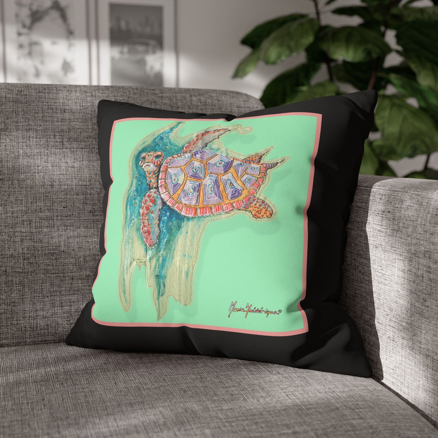 Sea Turtle Art Pillowcase – Colorful Coastal Faux Suede Throw Pillow by artist Marie Frederique