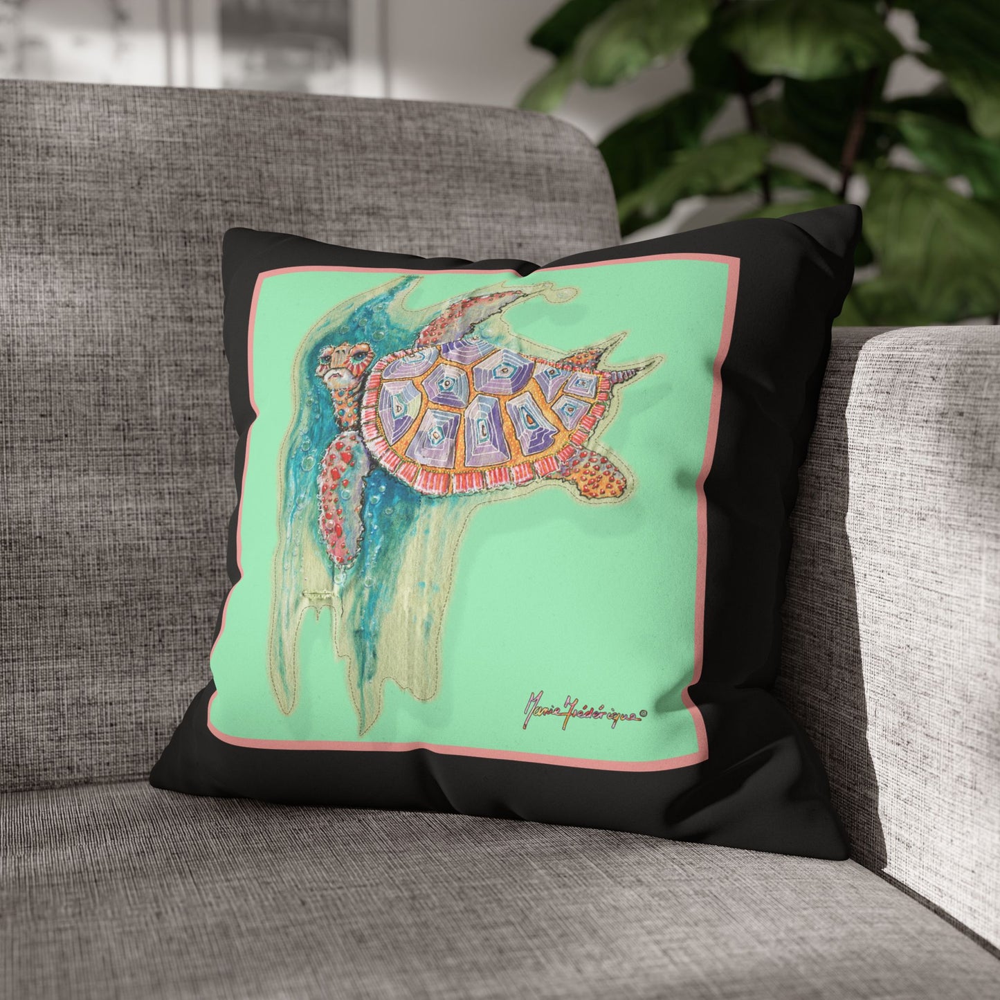 Sea Turtle Art Pillowcase – Colorful Coastal Faux Suede Throw Pillow by artist Marie Frederique