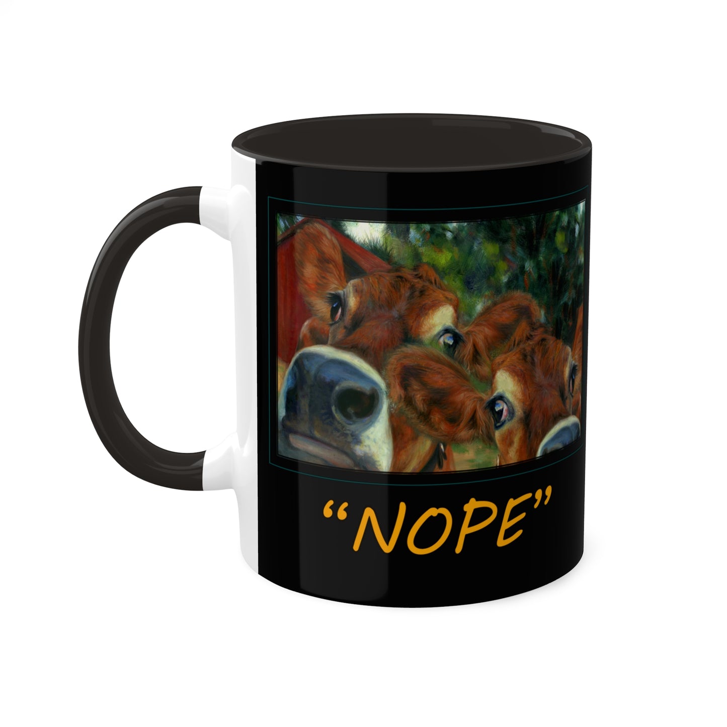 Cow art print, Colorful Udder "Nope" Mug in 3 colors, Black, Orange and light Green, 11oz by Artist Marie Frederique