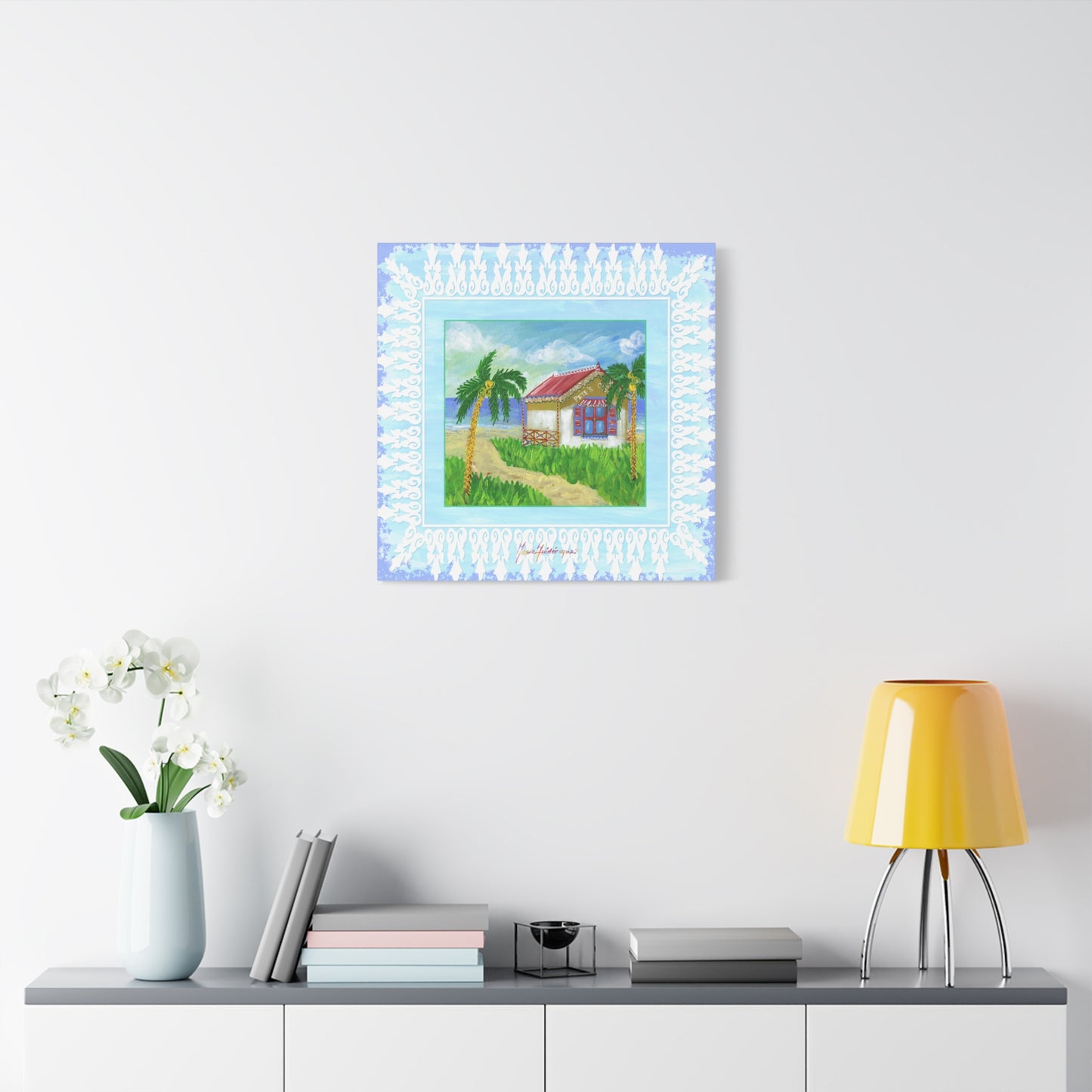 Beach Cabin Canvas — Tropical Cabin Seaside Wall Art by artist Marie Frederique