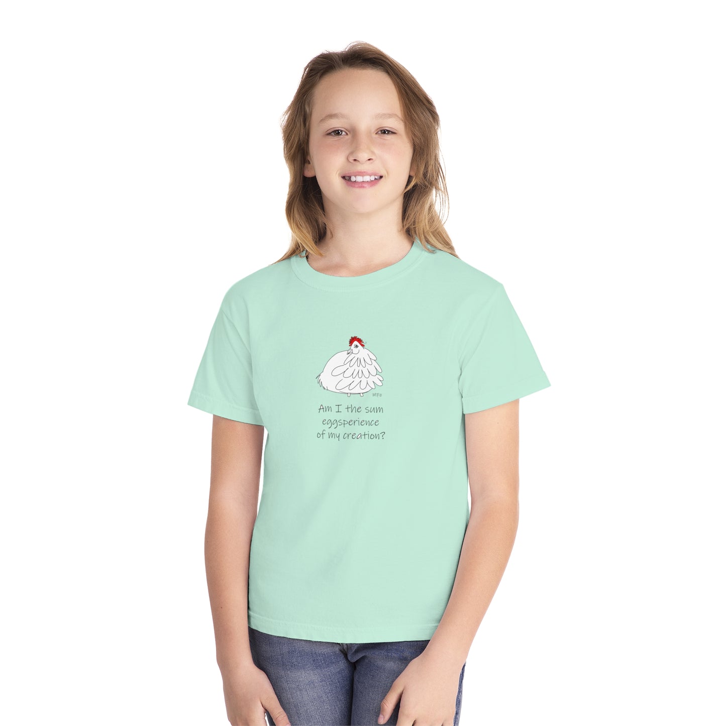 Funny Youth Midweight Tee - "Am I the sum eggsperience of my creation?" Chick Graphic by artist Marie Frederique