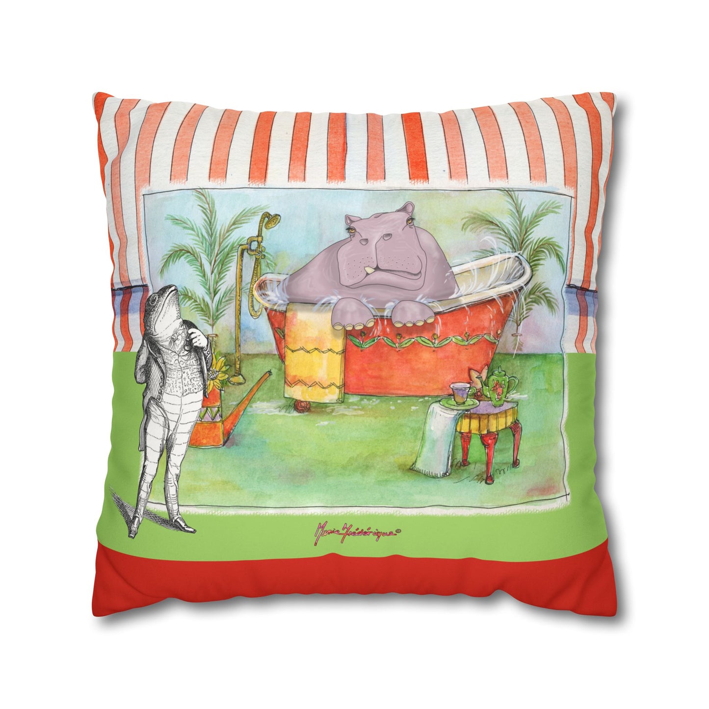 Hippo Bathtub Faux Suede Pillowcase – by artist Marie Frederique