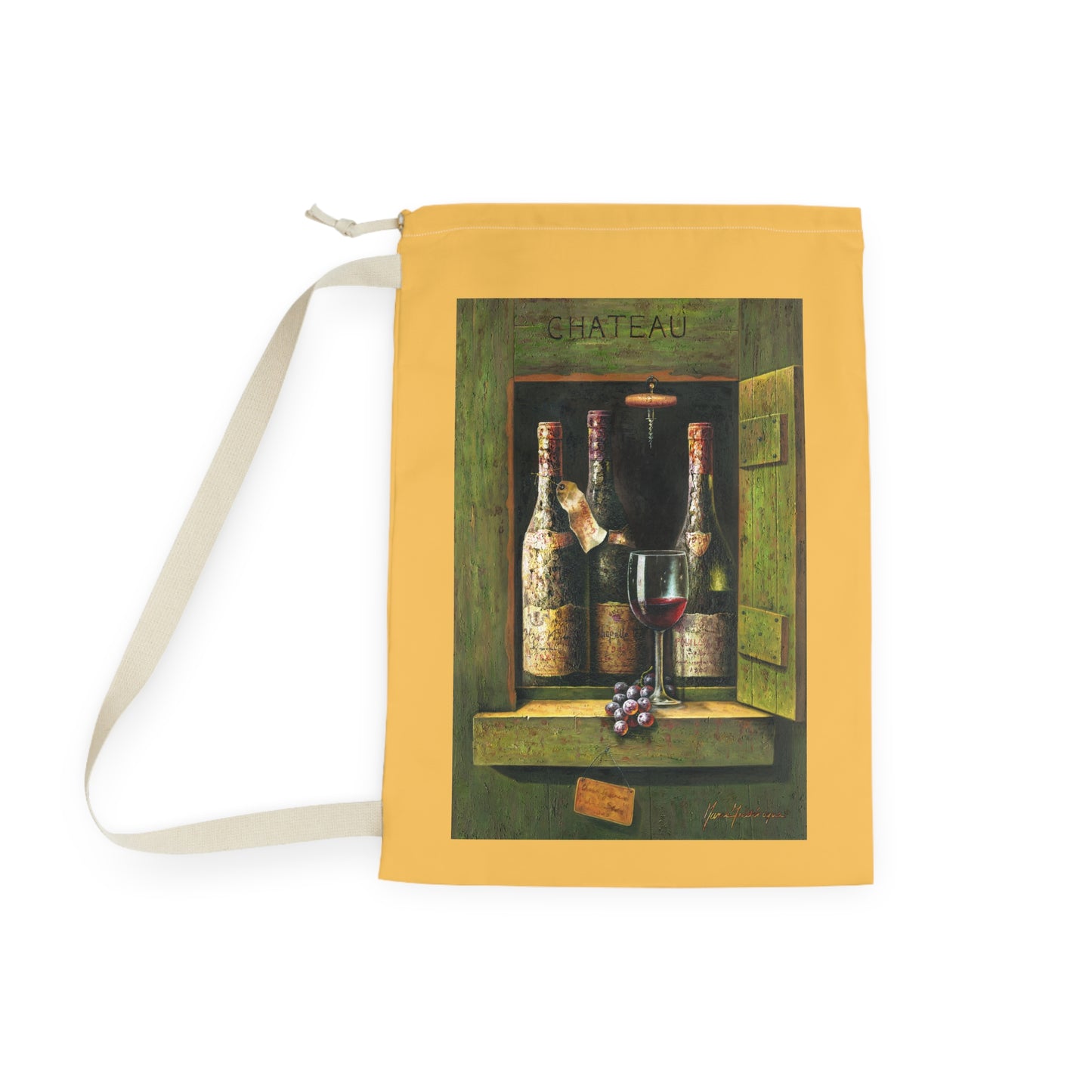 Wine Chateau Laundry Bag — Rustic Wine Bottle & Glass Print by artist Marie Frederique