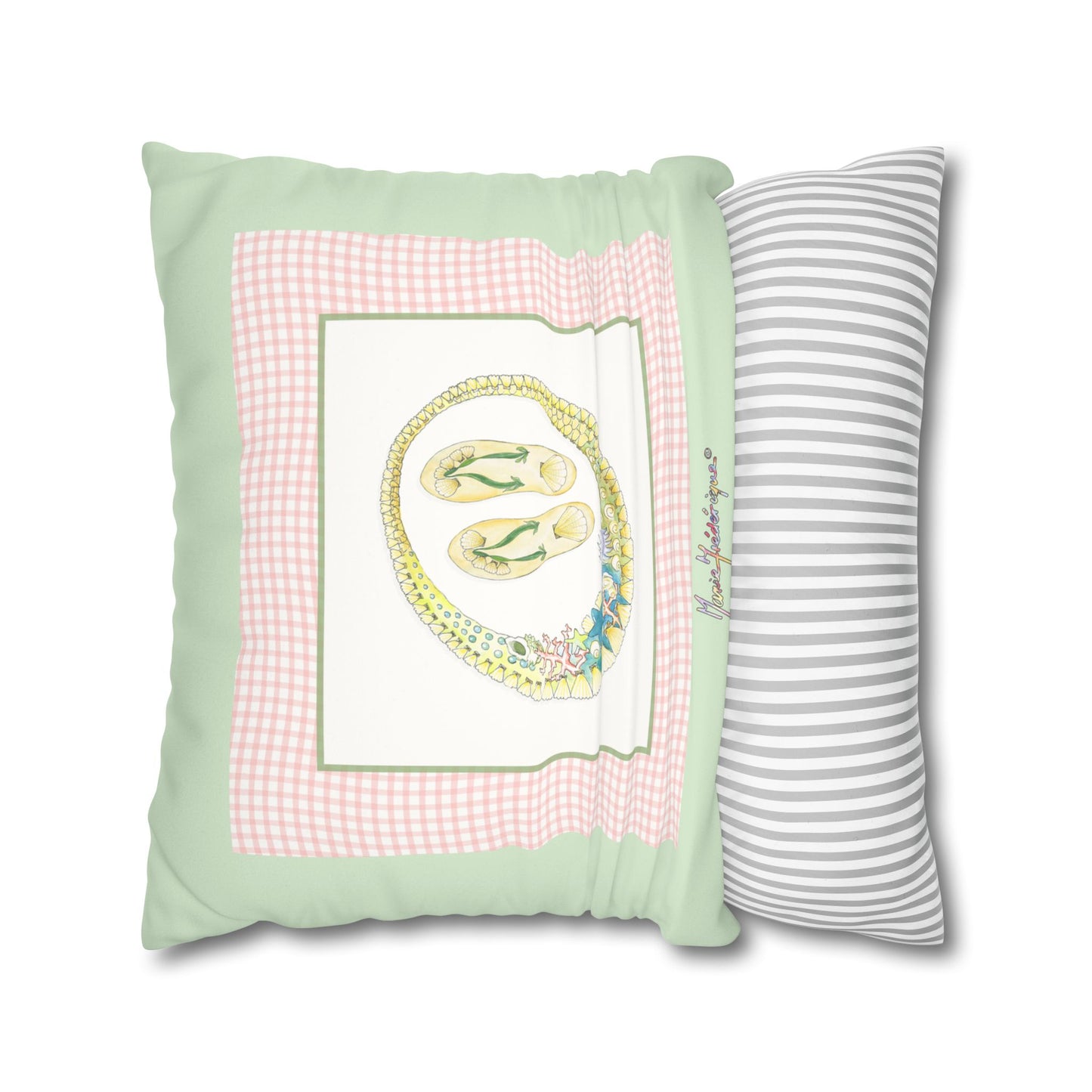 Pastel Vacation necklace and flip flops Faux Suede Pillow Cover by artist Marie Frederique