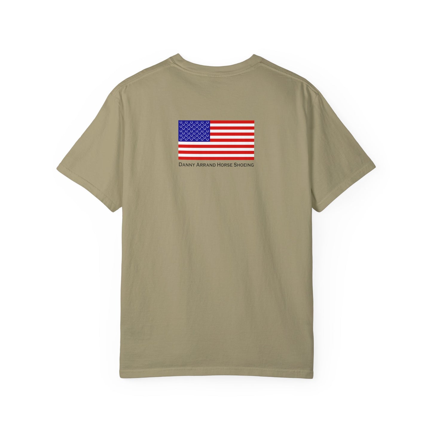 Funny Garment-Dyed T-Shirt for Horse Lovers - 'No More Shoes' Design with American Flag