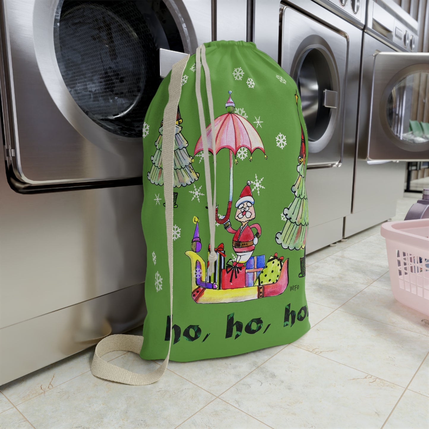 Christmas Laundry Bag — 'Ho, Ho, Ho!' Santa & Trees Holiday Wash Organizer by artist Marie Frederique