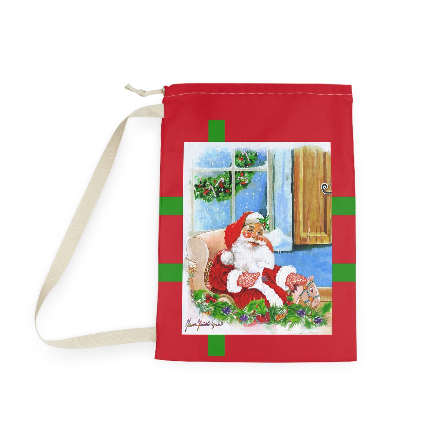 Christmas Santa Laundry Bag — Holiday Gift Sock & Linen Organizer by artist Marie Frederique
