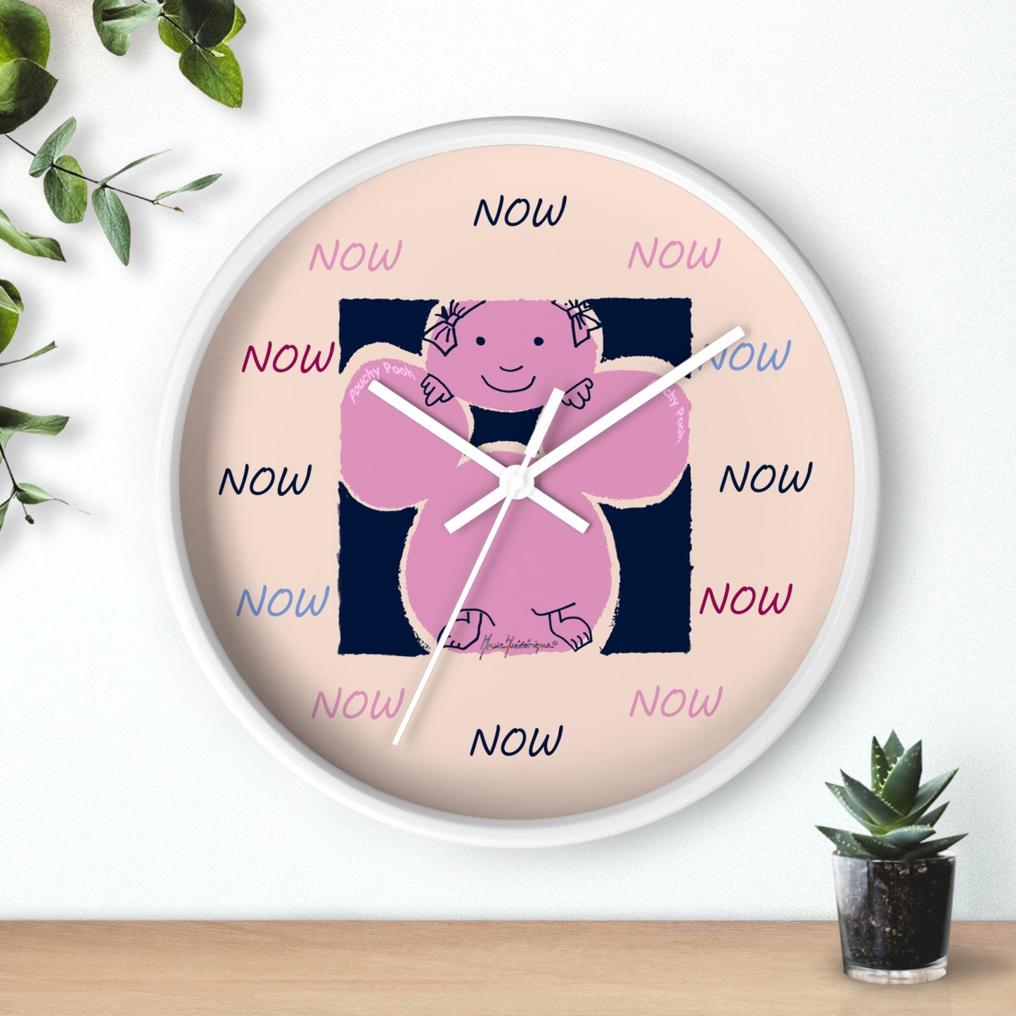 NOW - Wall Clock Pouchy Pooh (Pronounced Puchi Poo) in pink and navy by Artist Maria Frederique