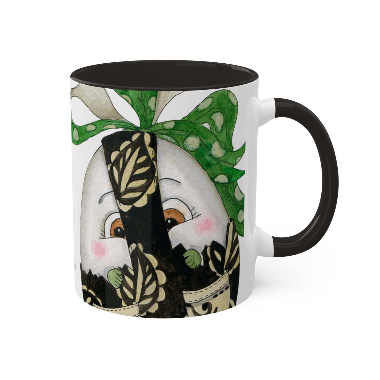 Whimsical Egg Wrap 4 "Yum Yum", Colorful Mug in black, red or light green, 11oz by Artist Marie Frederique