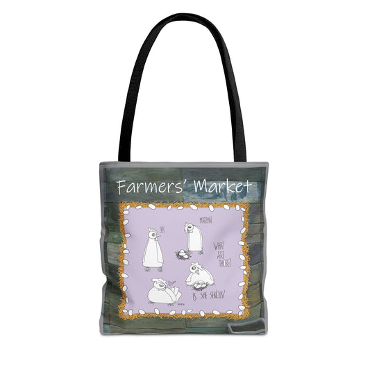 Farmers' Market Funny Chicken Tote Bag - Quirky Design with Chickens & Humor by artist Marie Frederique