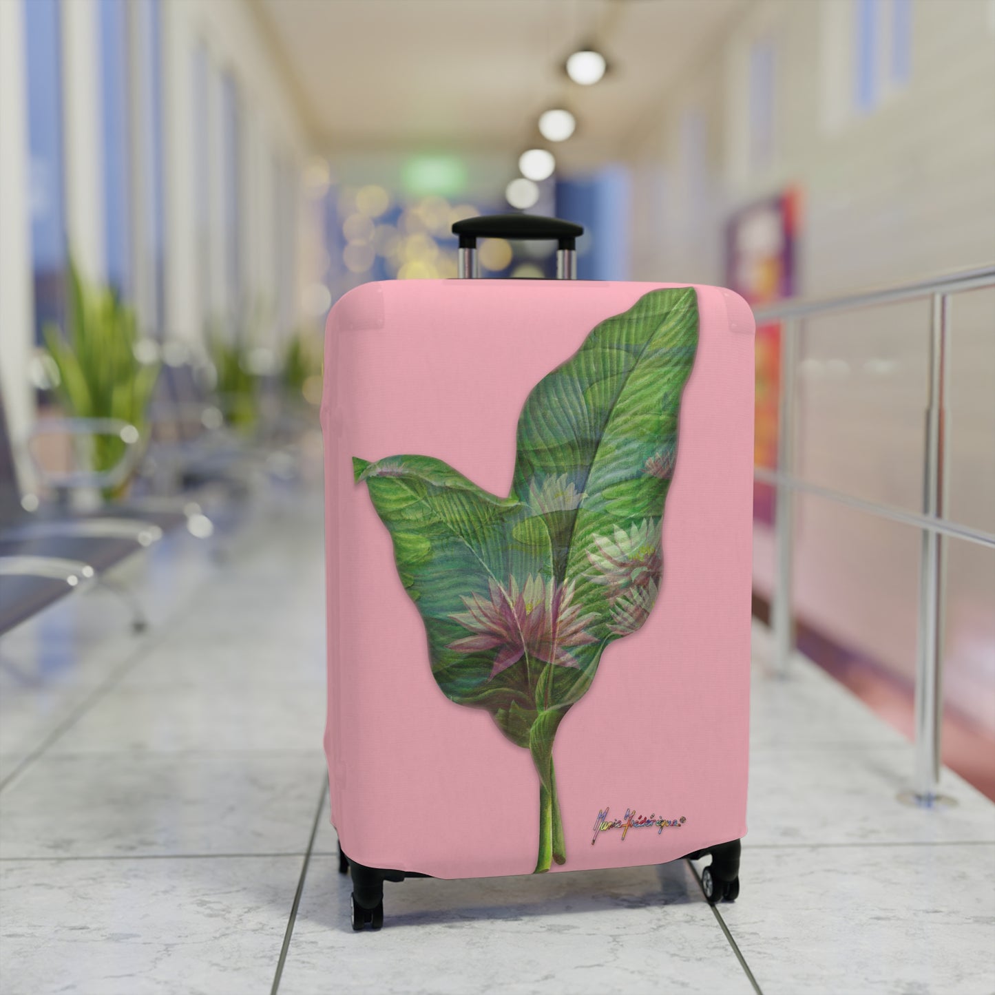 Luggage Cover, Pink lotus flower on pink background by artist Marie Frederique