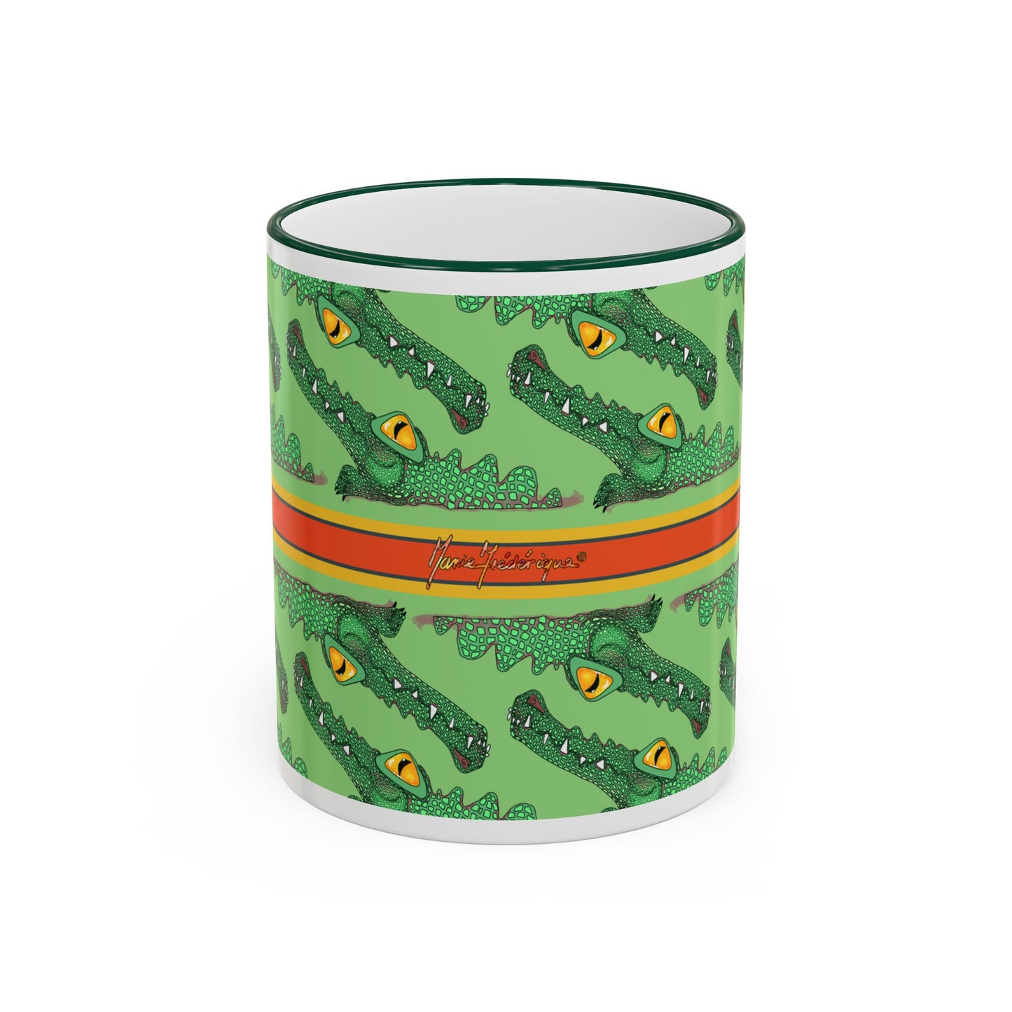 Funny Alligator Pattern Mug — Green Crocodile Design (11oz/15oz) by artist Marie Frederique