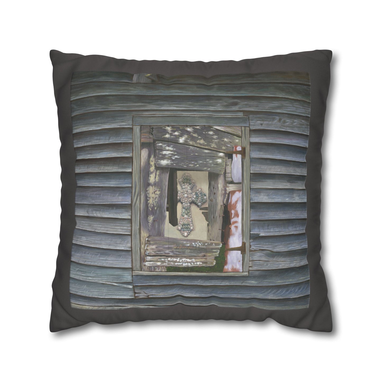 Christian Faux Suede Pillowcase — Driftwood Cabin Log Wall Throw Pillow Cover by artist Marie Frederique