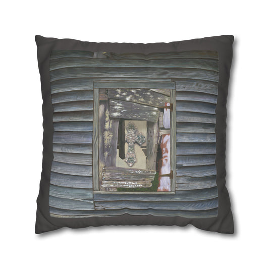 Christian Faux Suede Pillowcase — Driftwood Cabin Log Wall Throw Pillow Cover by artist Marie Frederique