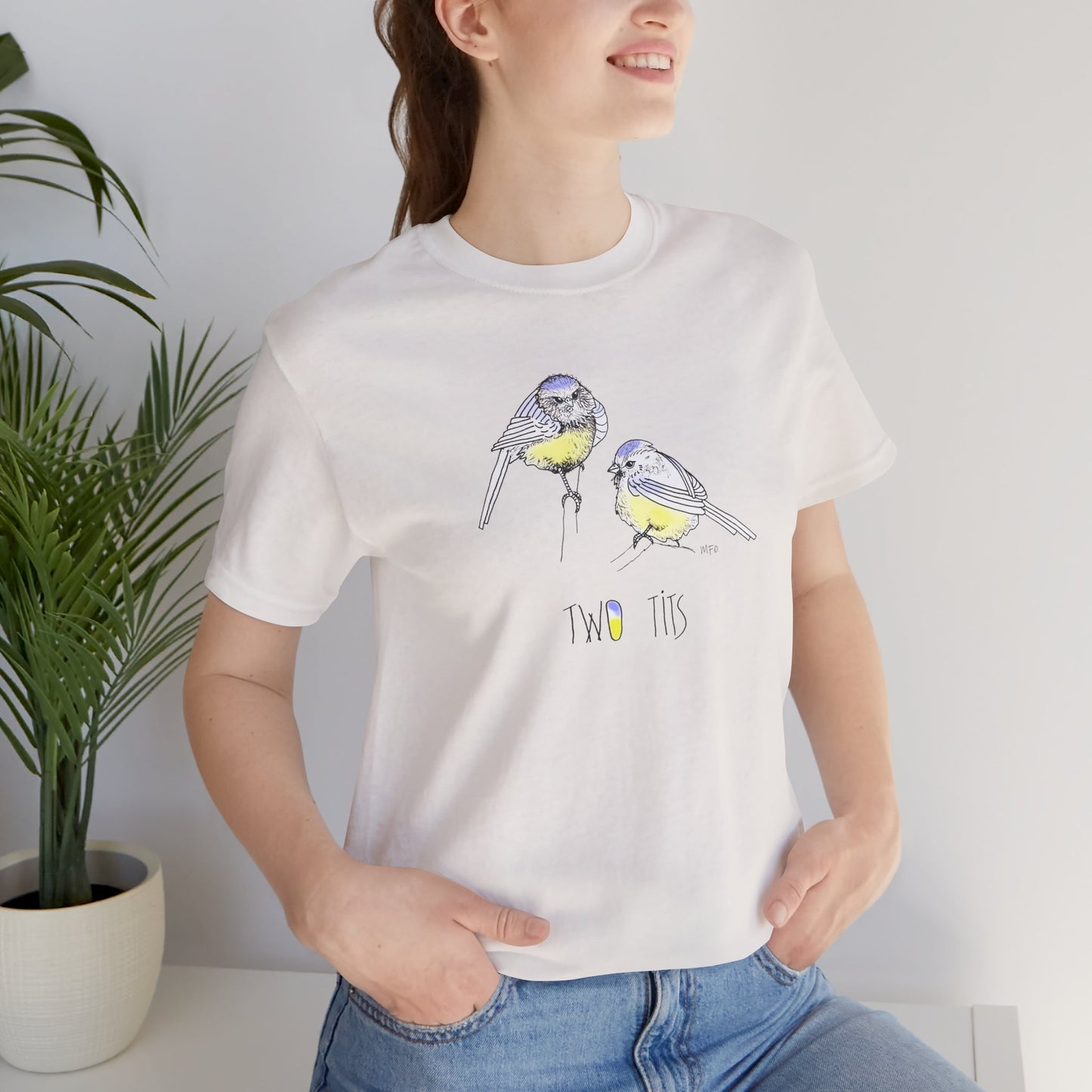 Cute Bird Graphic Tee - "Two Tits" Unisex Jersey Short Sleeve Shirt by artist Marie Frederique