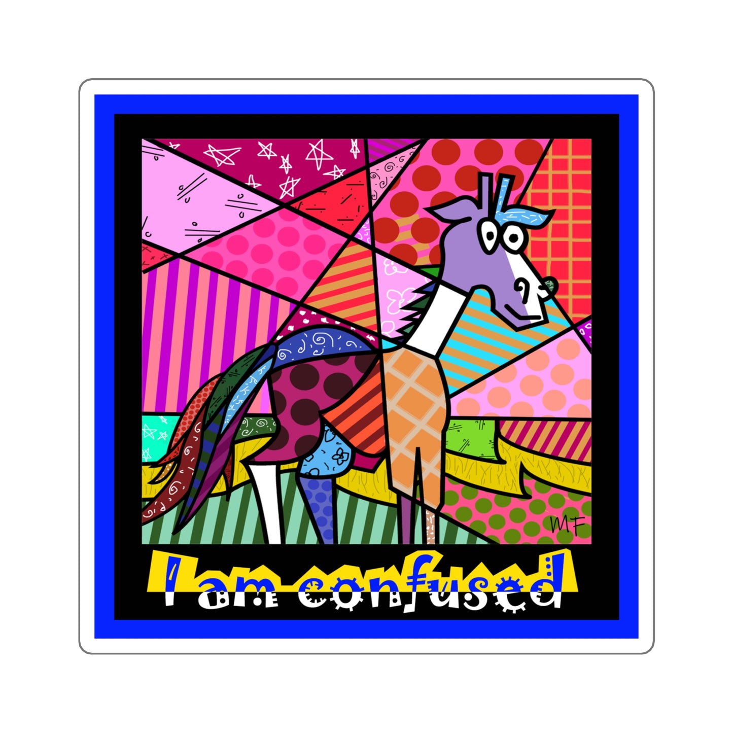 Confused Giraffe, Designer Graphic Illustration multicolored Sticker in 4 sizes by artist Marie Frederique