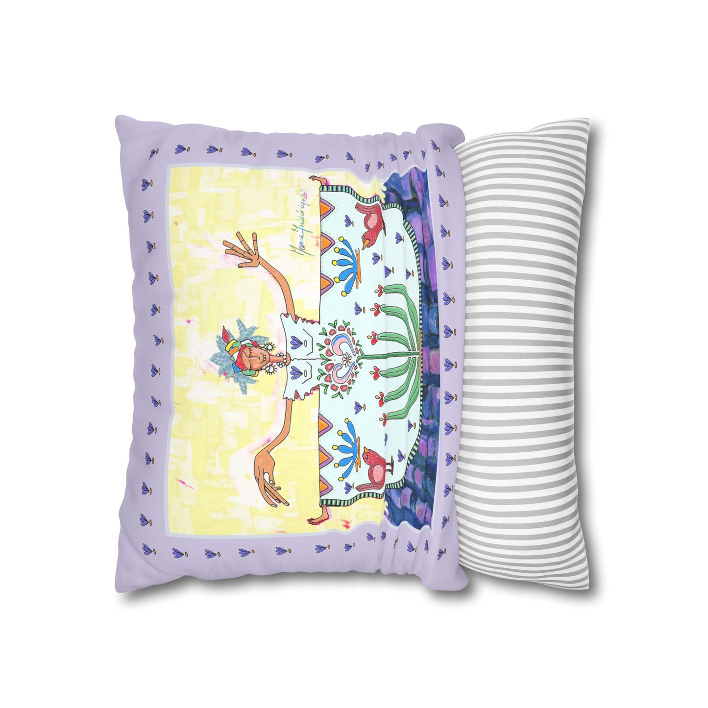 Chic Island Lavender Folk Art Pillowcase — Colorful Woman & Floral Motif Faux Suede Square Pillow by artist Marie Frederique