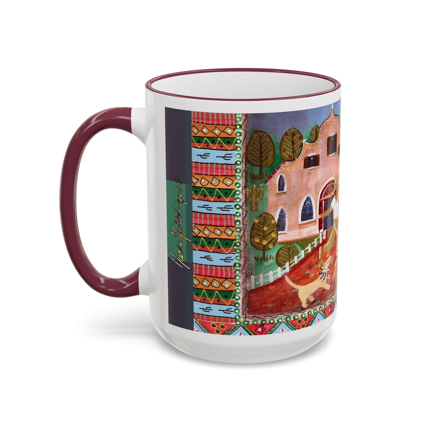 Colorful Folk Art Rim-Handle Mug — Vibrant Village Scene (11oz, 15oz) by artist Marie Frederique
