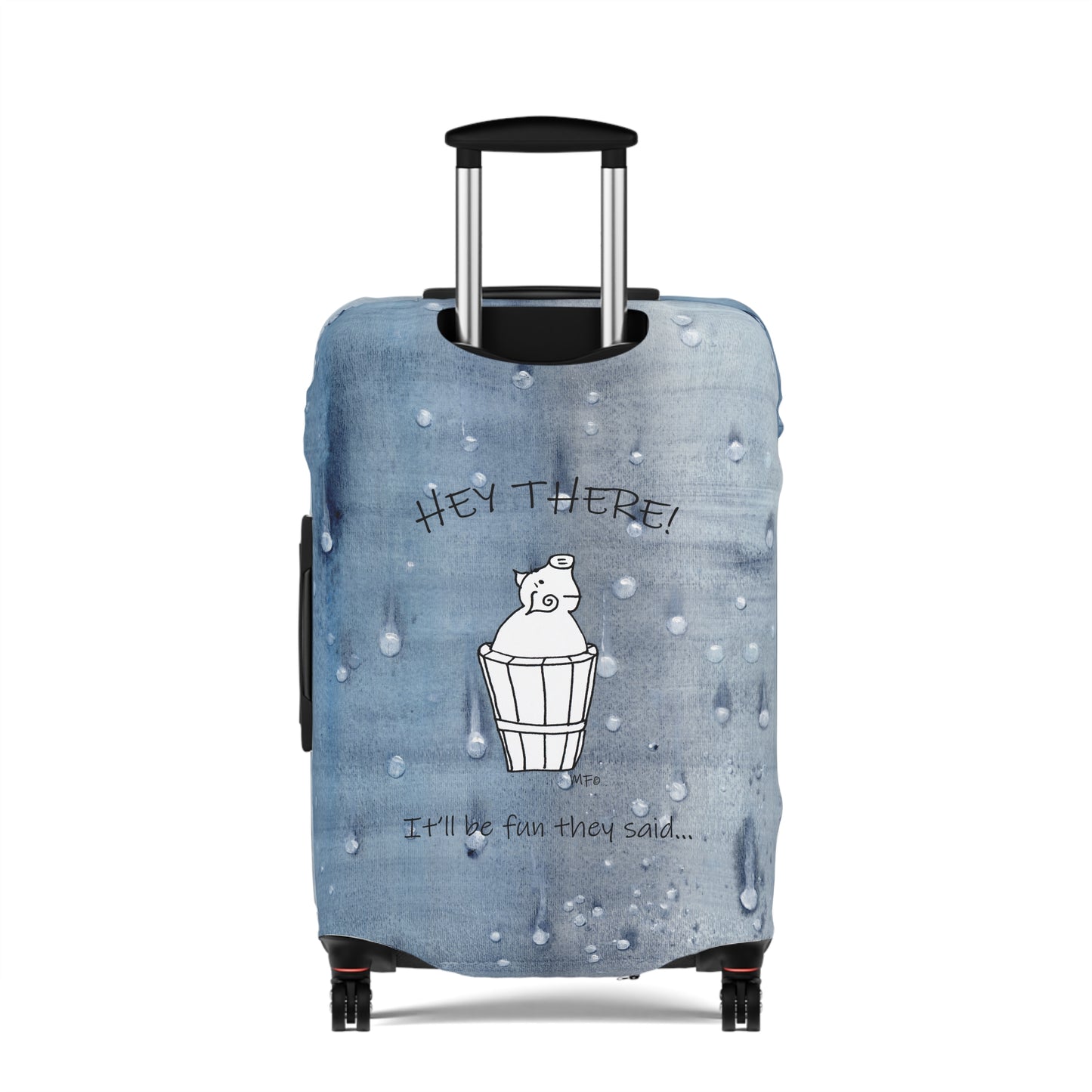 Luggage Cover, Mr. Pig - It'll be fun they said... on a blue wet look background by artist Marie Frederique