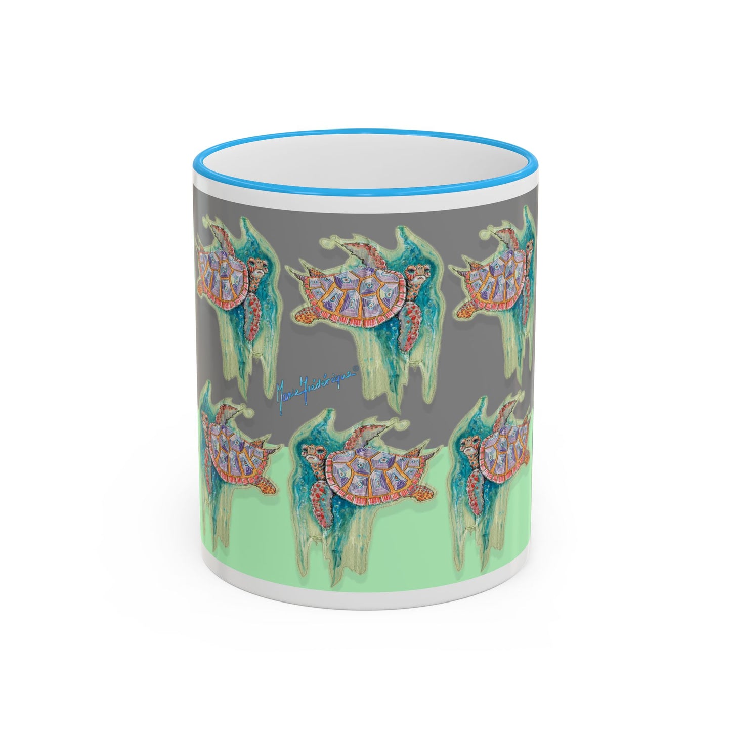 Turtle Mug — Artful Ocean Ceramic Accent Rim & Handle (11oz/15oz) by artist Marie Frederique